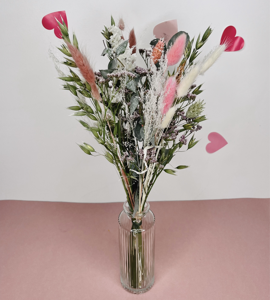 Bouquet fleurs sechees rose clair blanc et vert avec vase