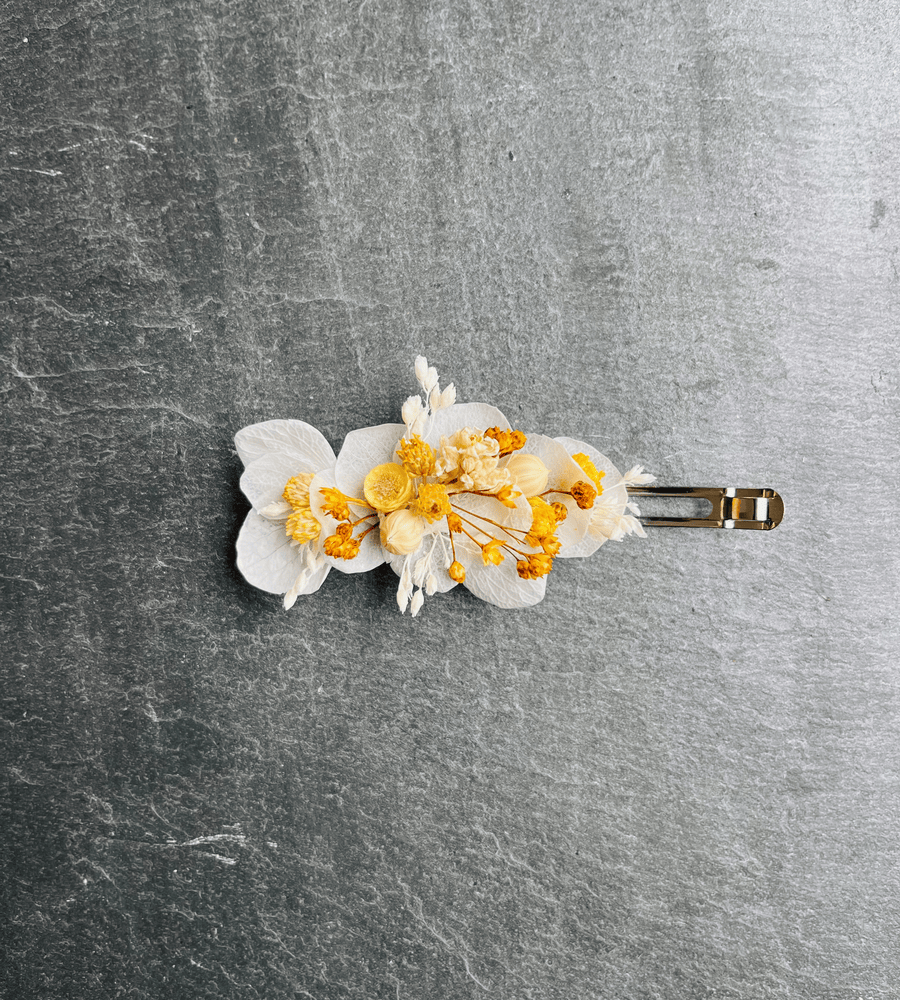 Barrette fleurs séchées ton jaune et blanc
