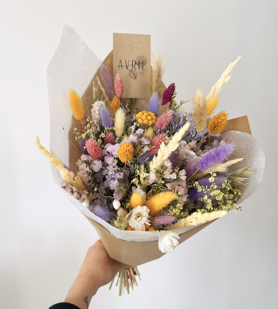 Bouquet de fleurs séchées tons jaune et violet