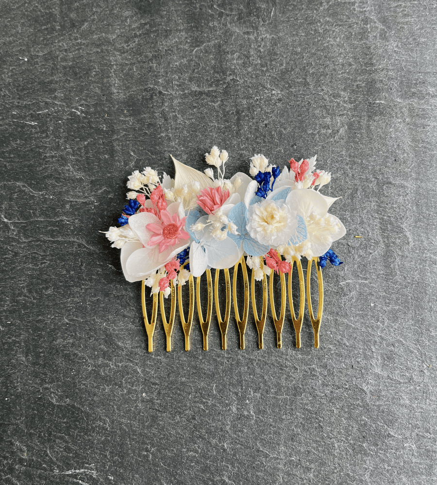 Peigne fleurs séchées blanc, rose et bleu