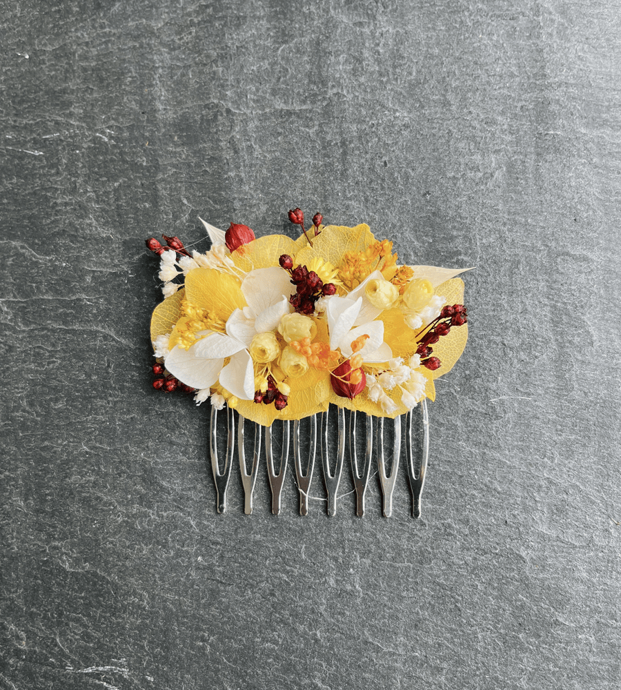Peigne fleurs séchées jaune et bordeaux