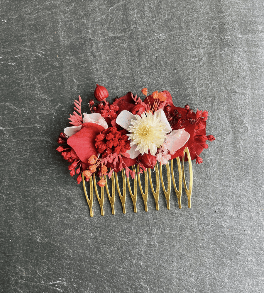 Peigne fleurs séchées bordeaux et blanc