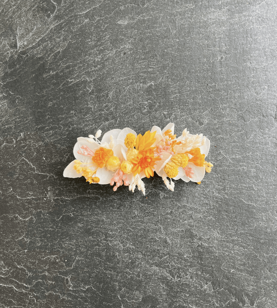 Pince crocodile fleurs séchées orange et rose