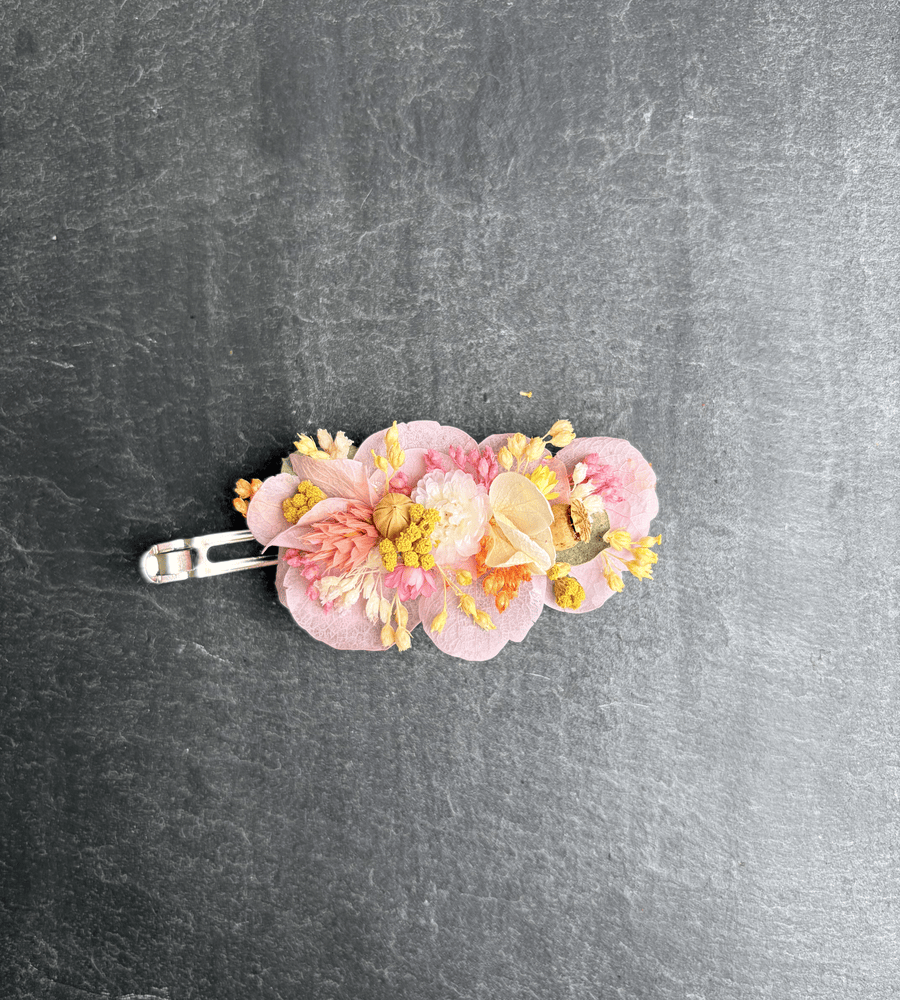 Barrette fleurs séchées rose et jaune