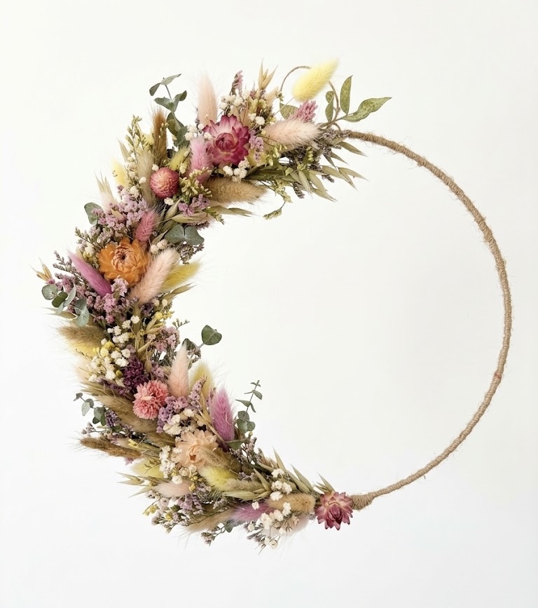 Couronne de fleurs séchées tons pastels