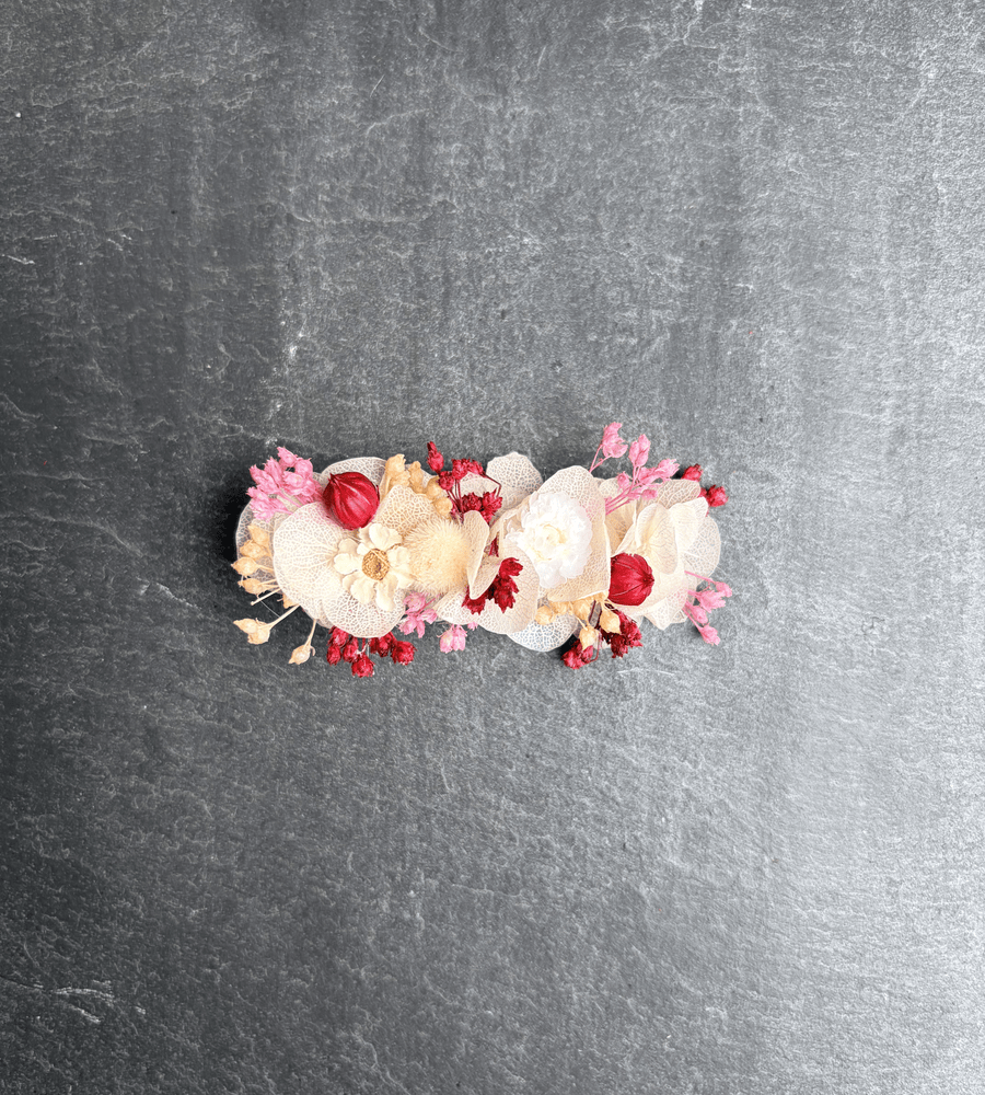 Barrette fleurs séchées bordeaux, rose, blanc